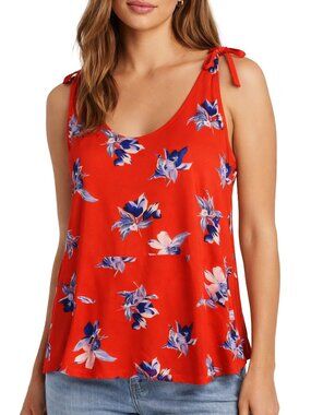 Ava Viv Red Floral Chiffon Sleeveless Tie Shoulder Tiered Blouse
